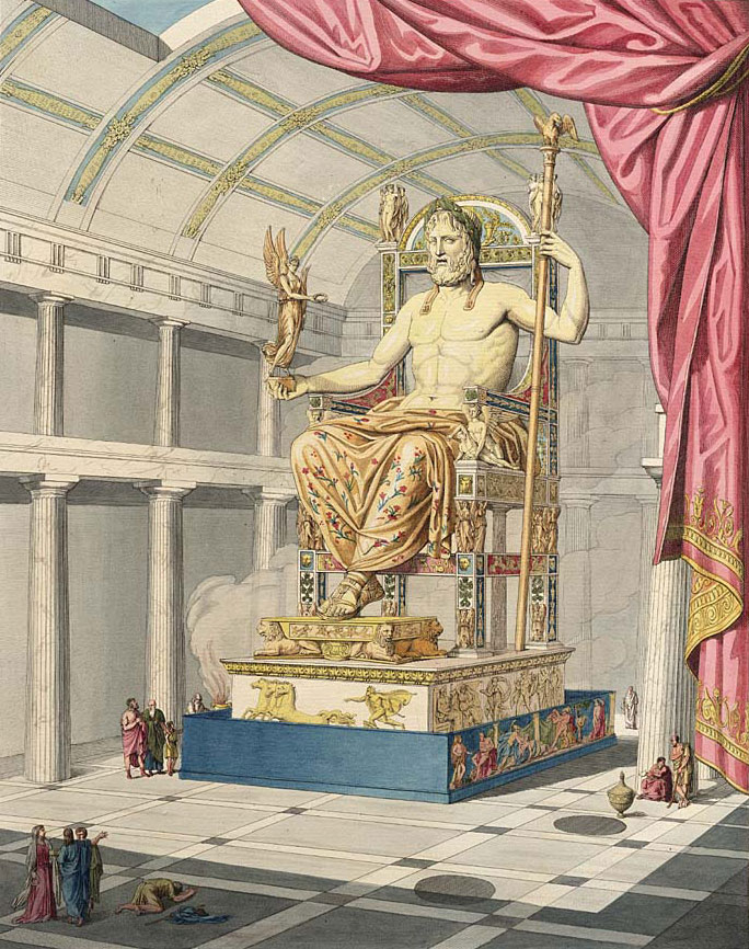 Ricostruzione della Statua di Zeus a Olimpia, una delle sette meraviglie del mondo antico