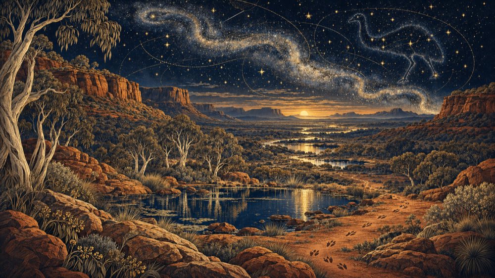 Illustrazione delle mitologie aborigene australiane: il cielo del Tempo del Sogno sopra la terra rossa