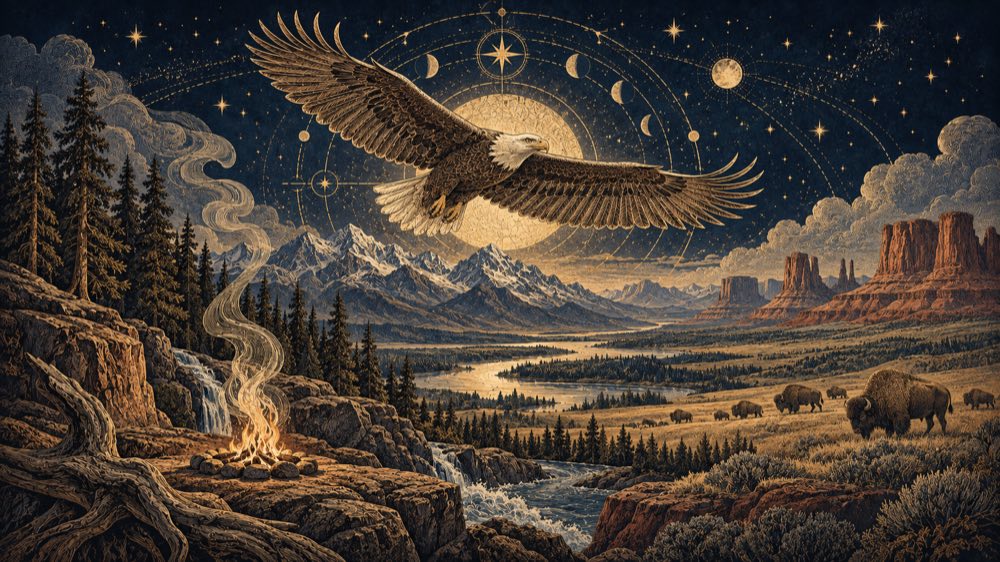 Illustrazione delle mitologie native nordamericane: animali guida e creatori