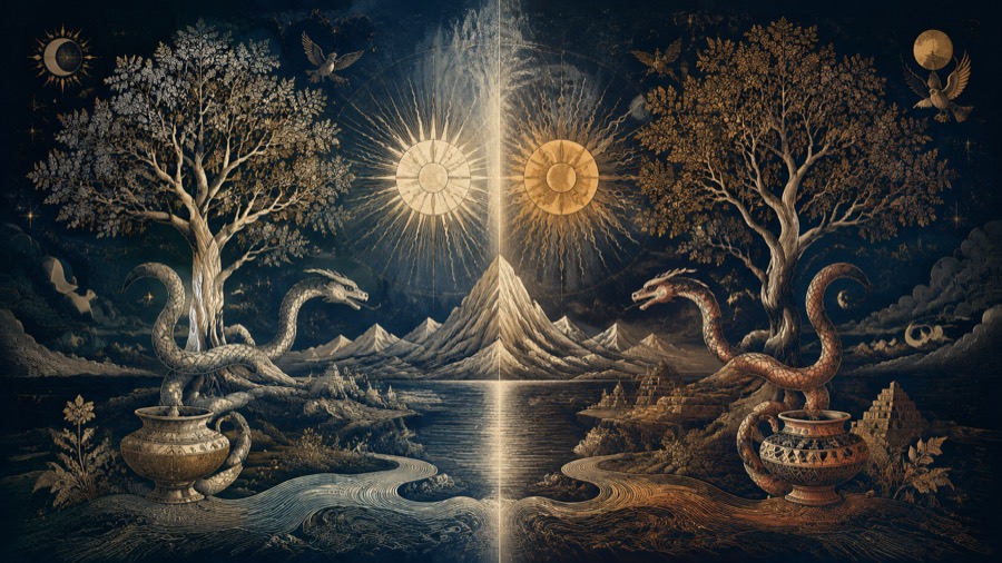 Confronti: due tradizioni affiancate, illustrazione in blu notte e oro