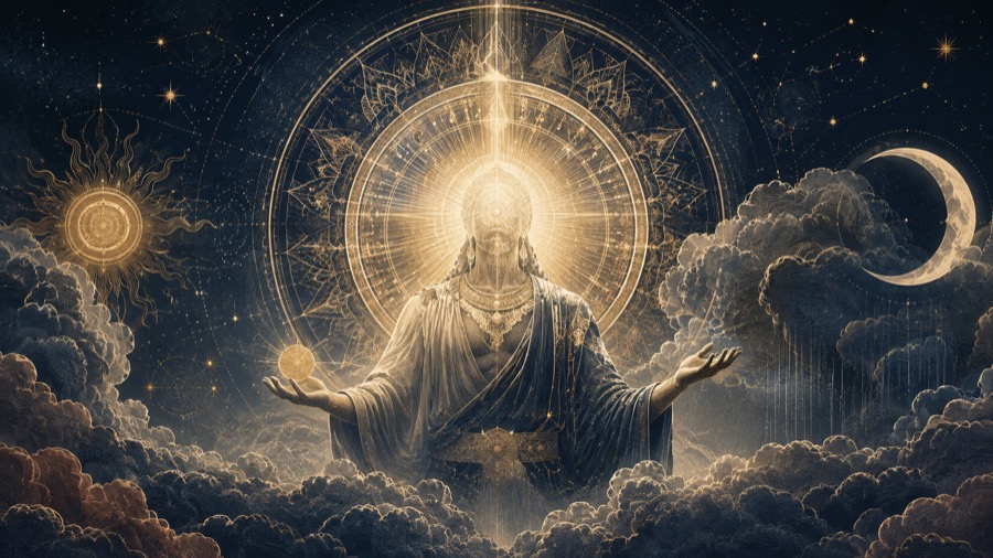 Divinità: figura solenne fra sole e luna, illustrazione in blu notte e oro