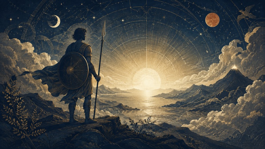 Eroi: figura eroica in armi, illustrazione in blu notte e oro