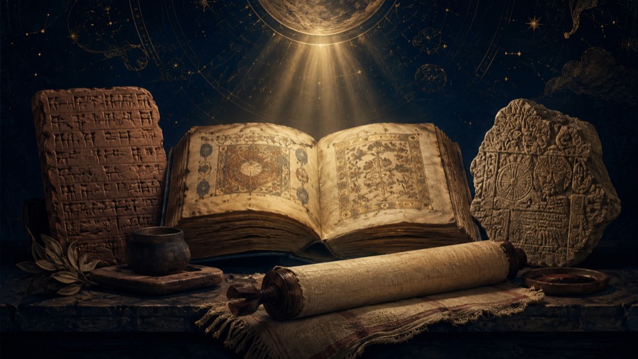 Fonti: testo antico e scrittura, illustrazione in blu notte e oro