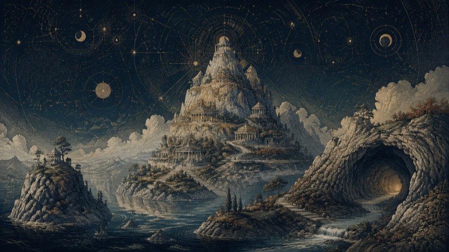Luoghi: luogo mitico, illustrazione in blu notte e oro