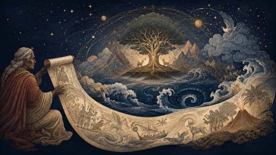 Miti: scena di racconto fondativo, illustrazione in blu notte e oro