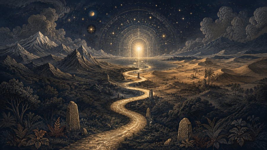 Percorsi: cammino fra i miti, illustrazione in blu notte e oro