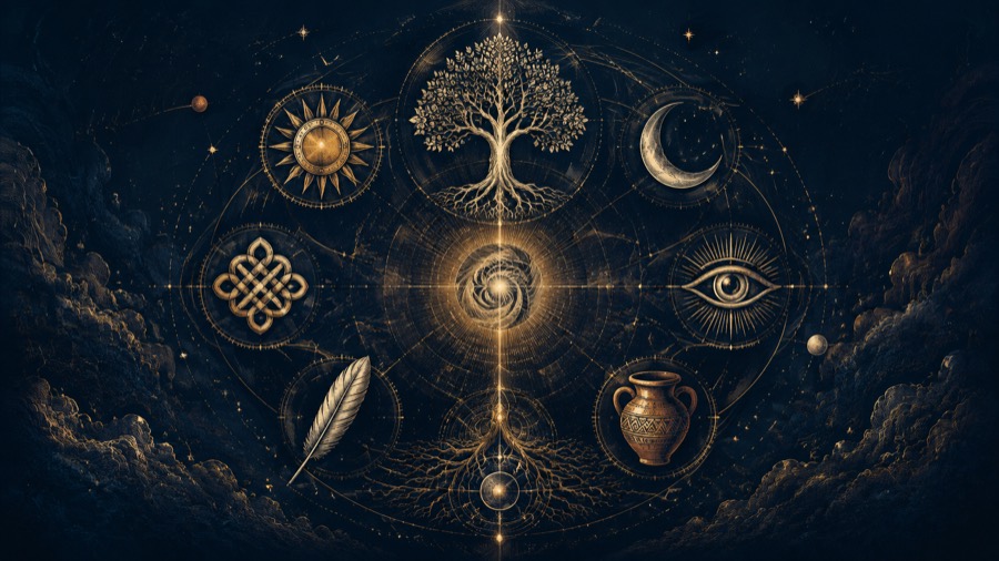 Simboli: segni e simboli mitologici, illustrazione in blu notte e oro